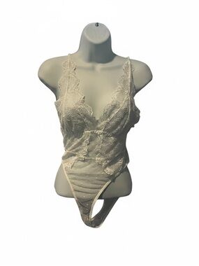 Lace Plunge V-Neck Sheer Bodysuit | Ivory/White | Size S | NWT